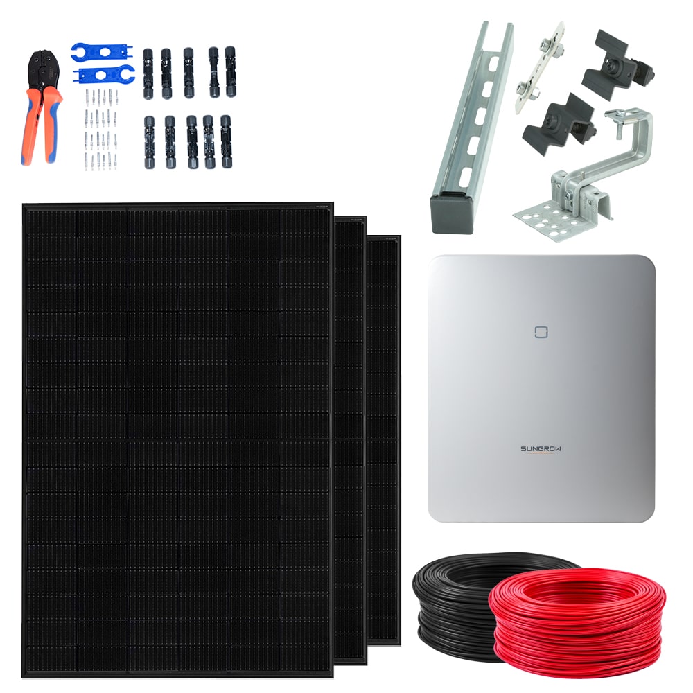 Sungrow SG10.0RT | 24x 440W JASolar Bifacial Glas/Glas Full Black | 24x Unterkonstruktion | 2x 50 Meter Kabel | MC4 Stecker-Set | Crimpzange