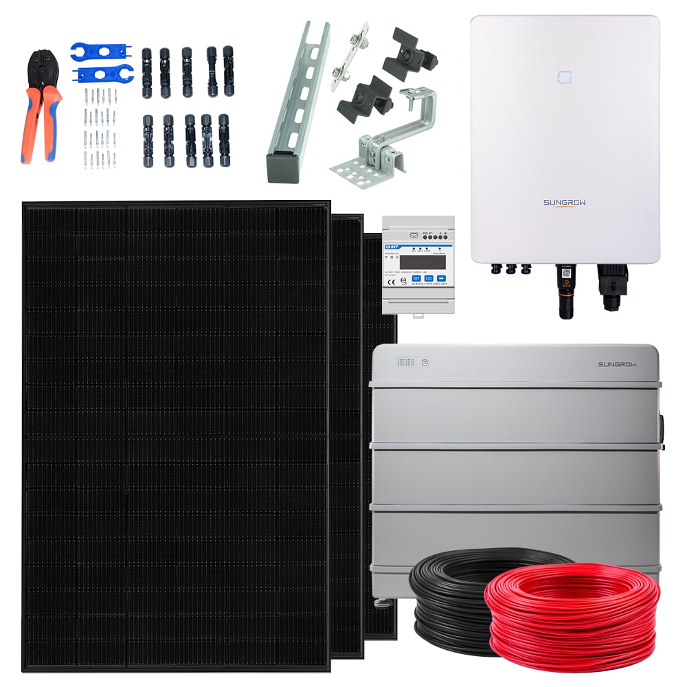 Sungrow Set 5 kWp: Sungrow SH5.0RT | Sungrow 6,4 kWh Speicher | 12x 450W JaSolar Full Black | 12x Unterkonstruktion | 2x 50 Meter Kabel | inkl. Montage-Set